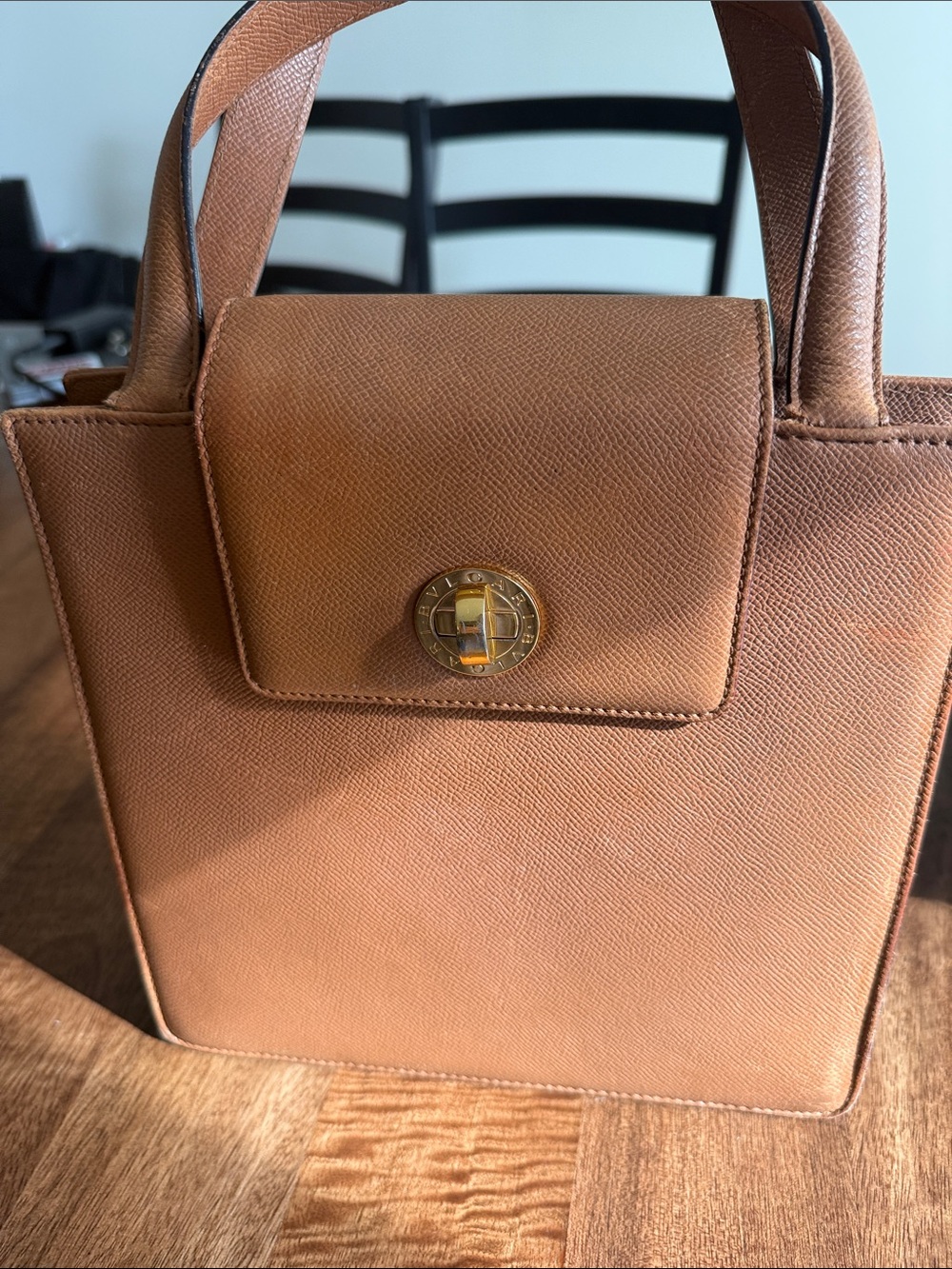 Bvlgari vintage caramel Leather Structured Shoulder Bag with Gold Turn-lock